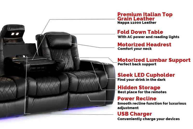 Valencia Tuscany XL Console Leather Home Theater Seating Heavy Duty Row of 3 Dropdown Center, Midnight Black