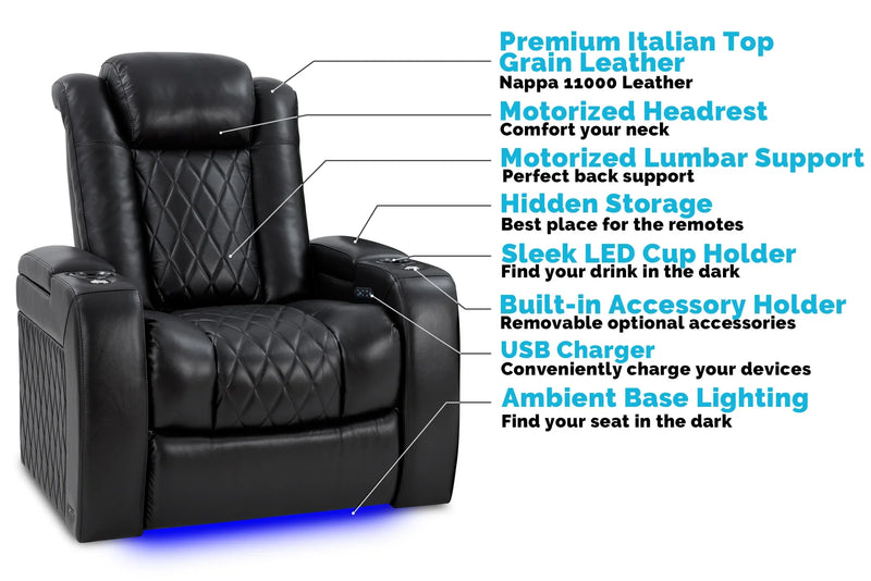 Valencia Tuscany XL Leather Home Theater Seating Row of 5 Set of 3 Center, Midnight Black