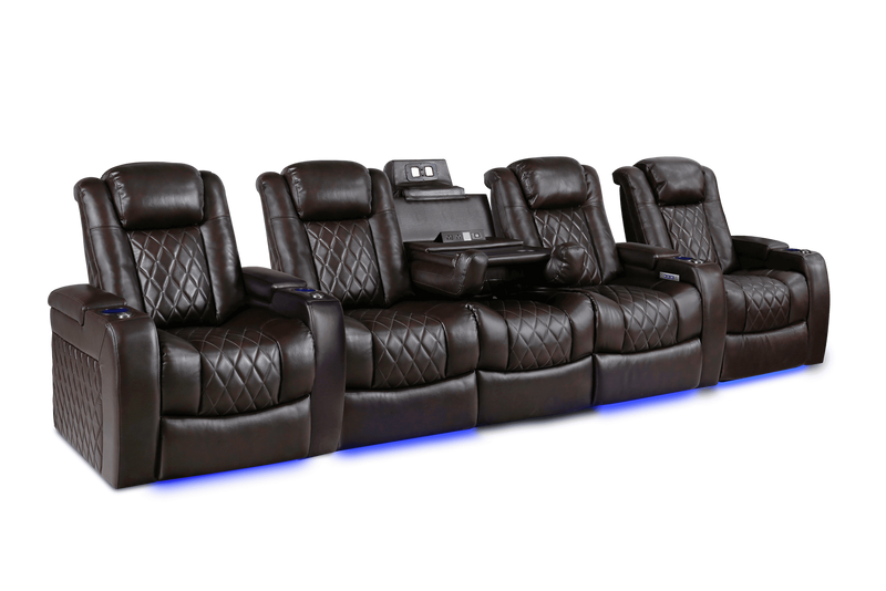 Valencia 2025 New Tuscany Console Leather Home Theater Seating Row of 5 Dropdown Center, Dark Chocolate