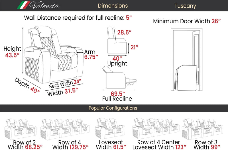 Valencia 2025 New Tuscany Ultimate Luxury Heat & Ventilation Leather Home Theater Seating Row of 2 Loveseat, Onyx
