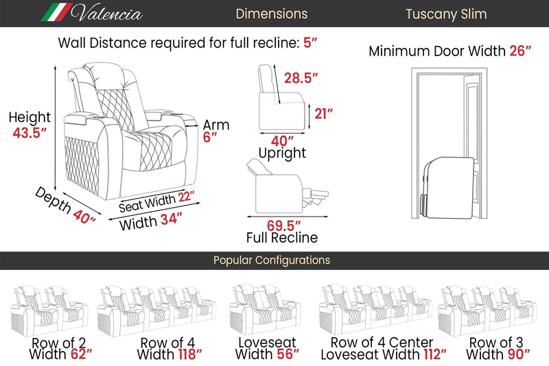 Valencia 2025 New Tuscany Slim Ultimate Luxury Leather Home Theater Seating Row of 5, Onyx