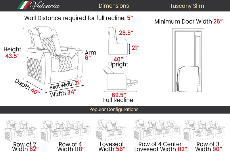 Valencia 2025 New Tuscany Slim Ultimate Luxury Leather Home Theater Seating Row of 2, Onyx
