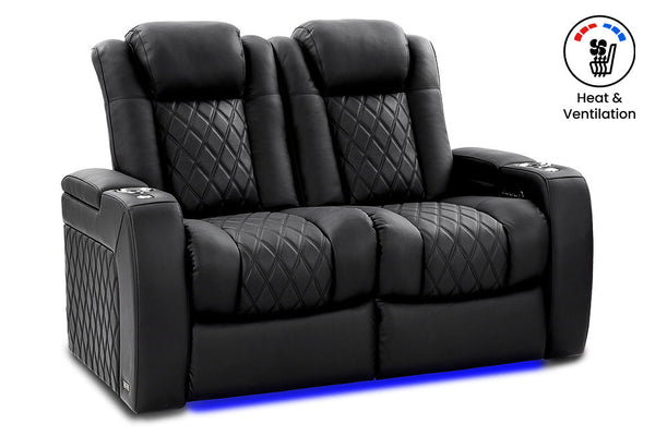 Valencia 2025 New Tuscany Ultimate Luxury Heat & Ventilation Leather Home Theater Seating Row of 2 Loveseat, Onyx