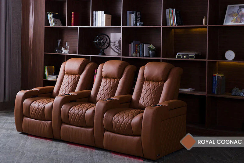 Valencia 2025 New Tuscany Ultimate Luxury Leather Home Theater Seating Row of 4 Loveseat Right, Royal Cognac