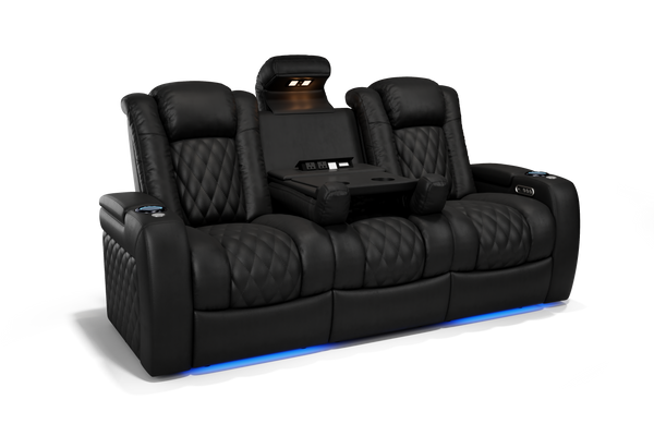 Valencia 2025 New Tuscany Console Leather Home Theater Seating Row of 3 Dropdown Center, Midnight Black