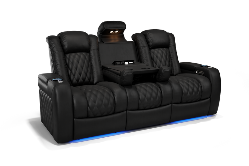 Valencia 2025 New Tuscany Console Leather Home Theater Seating Row of 3 Dropdown Center, Midnight Black