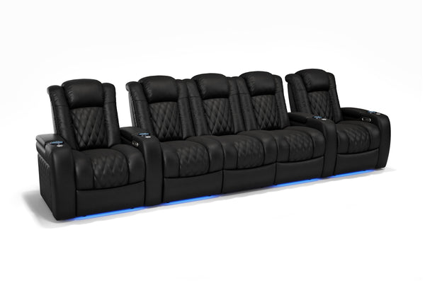 Valencia 2025 New Tuscany Console Leather Home Theater Seating Row of 5 Dropdown Center, Midnight Black
