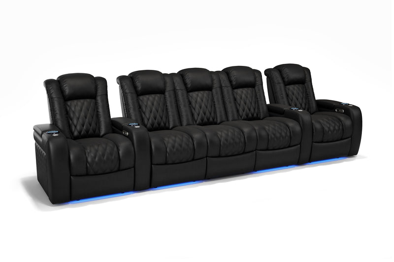 Valencia 2025 New Tuscany Console Leather Home Theater Seating Row of 5 Dropdown Center, Midnight Black