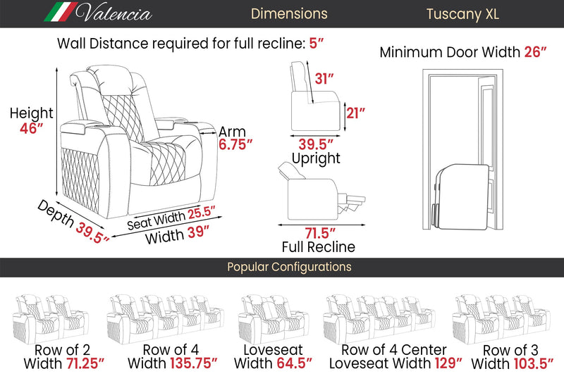 Valencia Tuscany XL Leather Home Theater Seating Row of 2, Midnight Black