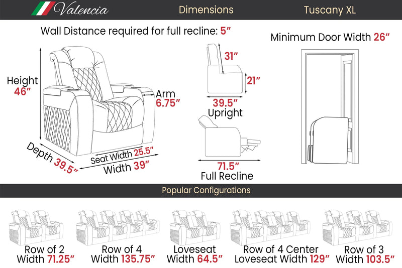 Valencia Tuscany XL Leather Home Theater Seating Heavy Duty Row of 5, Midnight Black
