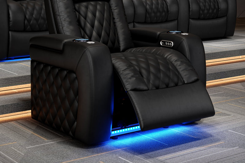 Valencia 2025 New Tuscany Console Leather Home Theater Seating Row of 5 Dropdown Center, Midnight Black