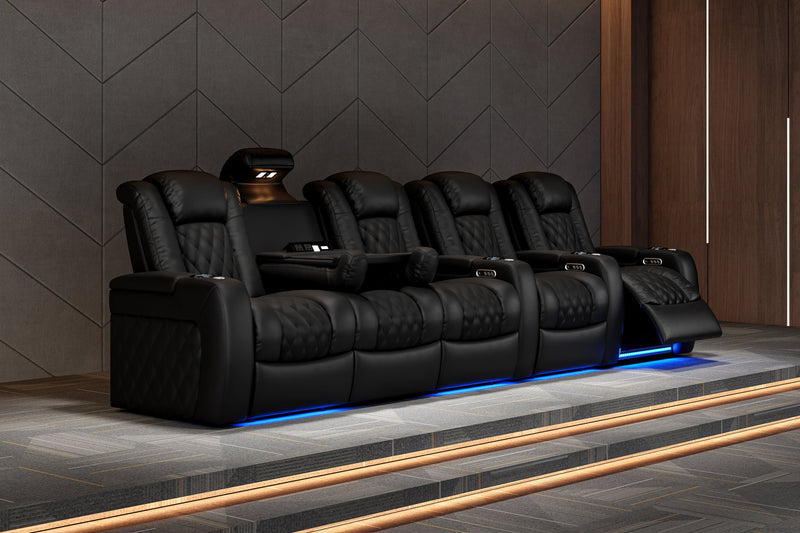 Valencia 2025 New Tuscany Console Leather Home Theater Seating Row of 5 Dropdown Center, Midnight Black