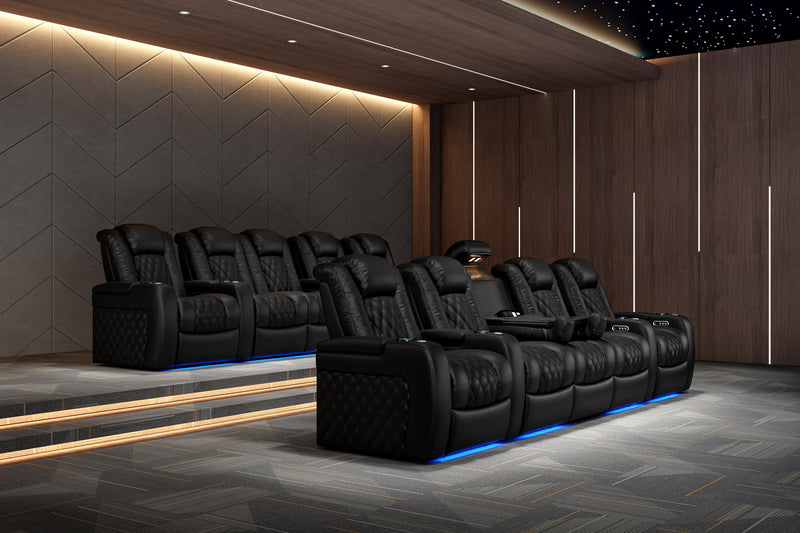 Valencia 2025 New Tuscany Console Leather Home Theater Seating Row of 5 Dropdown Center, Dark Chocolate