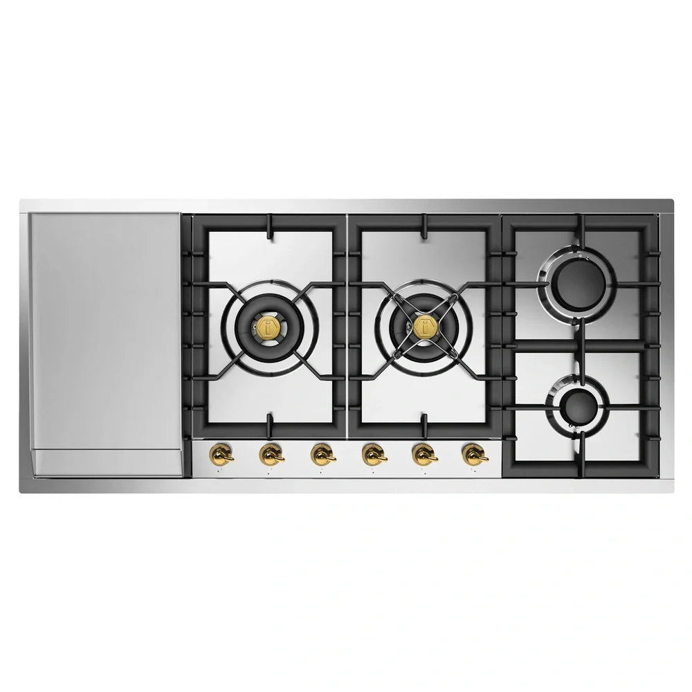 ILVE Nostalgie II 48-Inch Built-In Gas Cooktop with Total Black Brass Burners in Stainless Steel with 6 Sealed Burners & Left Griddle (UHCPT125FNSSG)