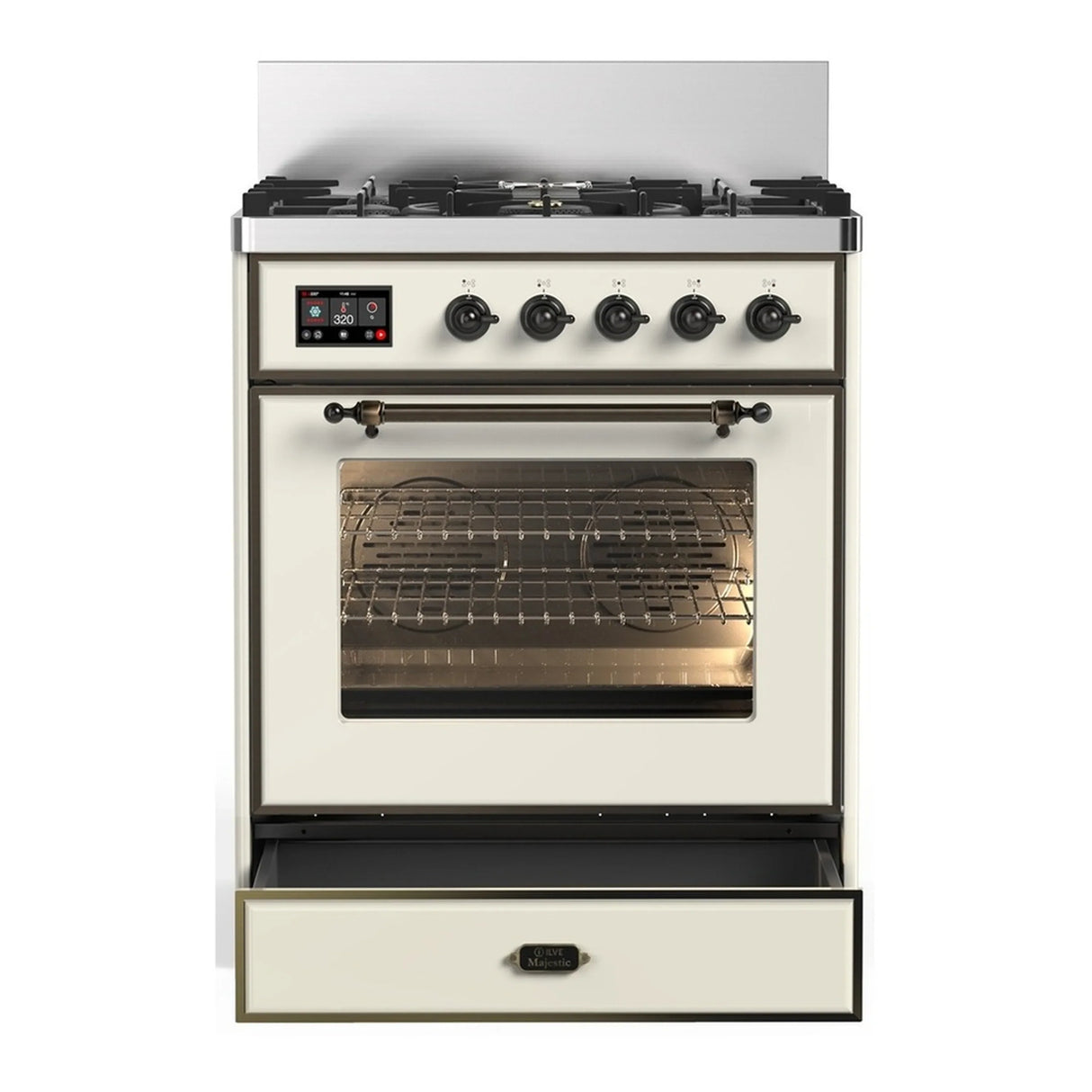 ILVE Majestic III 30-inch Dual Fuel Range with 5 Natural Gas Burner and Triple Glass Door Electric Oven in Antique White with Burnished Trim (UM30NR3AWB)