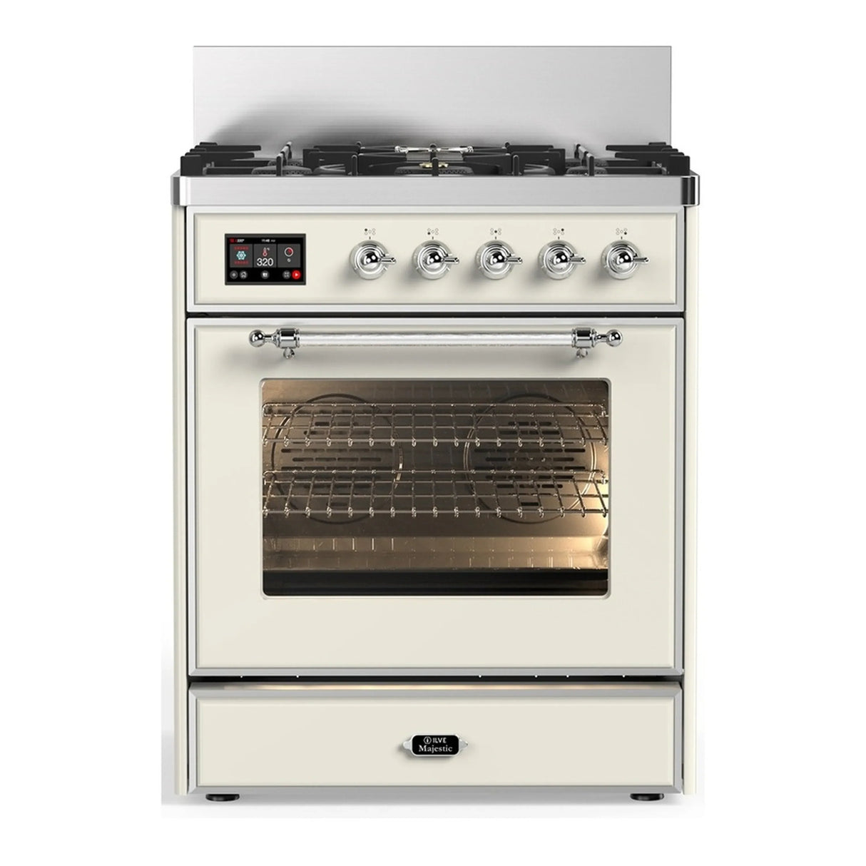 ILVE Majestic III 30-inch Dual Fuel Range with 5 Liquid Propane Burner and Triple Glass Door Electric Oven in Antique White with Chrome Trim (UM30NR3AWCLP)