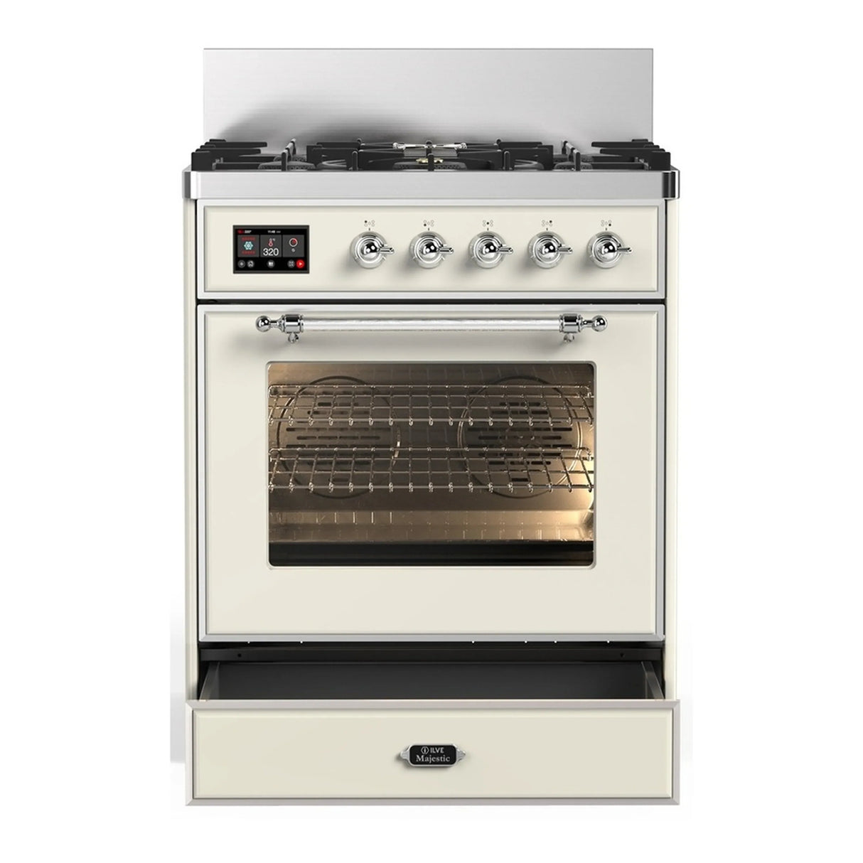 ILVE Majestic III 30-inch Dual Fuel Range with 5 Liquid Propane Burner and Triple Glass Door Electric Oven in Antique White with Chrome Trim (UM30NR3AWCLP)