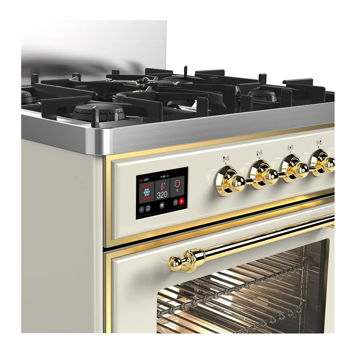 ILVE Majestic III 30-inch Dual Fuel Range with 5 Natural Gas Burner and Triple Glass Door Electric Oven in Antique White with Brass Trim (UM30NR3AWG)