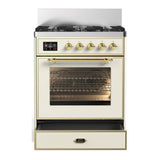 ILVE Majestic III 30-inch Dual Fuel Range with 5 Natural Gas Burner and Triple Glass Door Electric Oven in Antique White with Brass Trim (UM30NR3AWG)