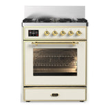 ILVE Majestic III 30-inch Dual Fuel Range with 5 Natural Gas Burner and Triple Glass Door Electric Oven in Antique White with Brass Trim (UM30NR3AWG)