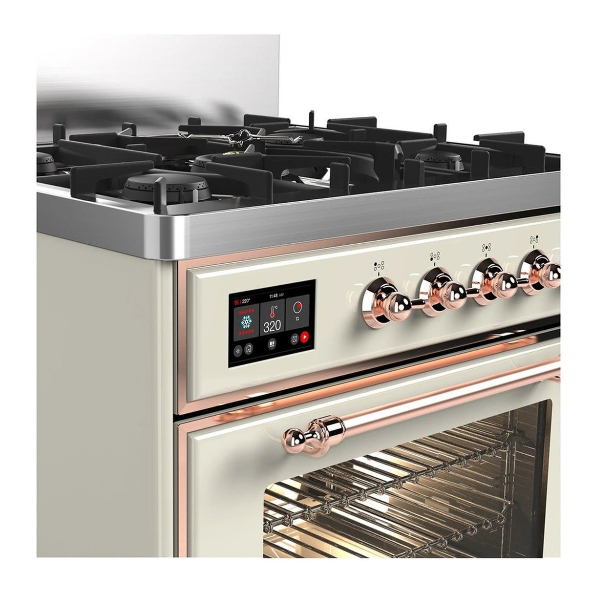 ILVE Majestic III 30-inch Dual Fuel Range with 5 Liquid Propane Burner and Triple Glass Door Electric Oven in Antique White with Copper Trim (UM30NR3AWPLP)