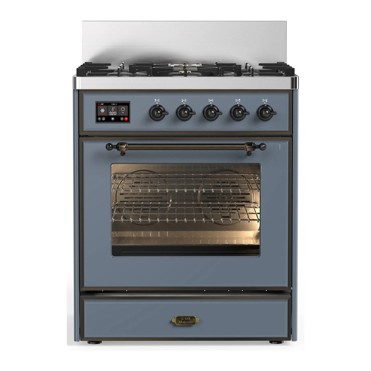 ILVE Majestic III 30-inch Dual Fuel Range with 5 Liquid Propane Burner and Triple Glass Door Electric Oven in Blue Grey with Burnished Trim (UM30NR3BGBLP)