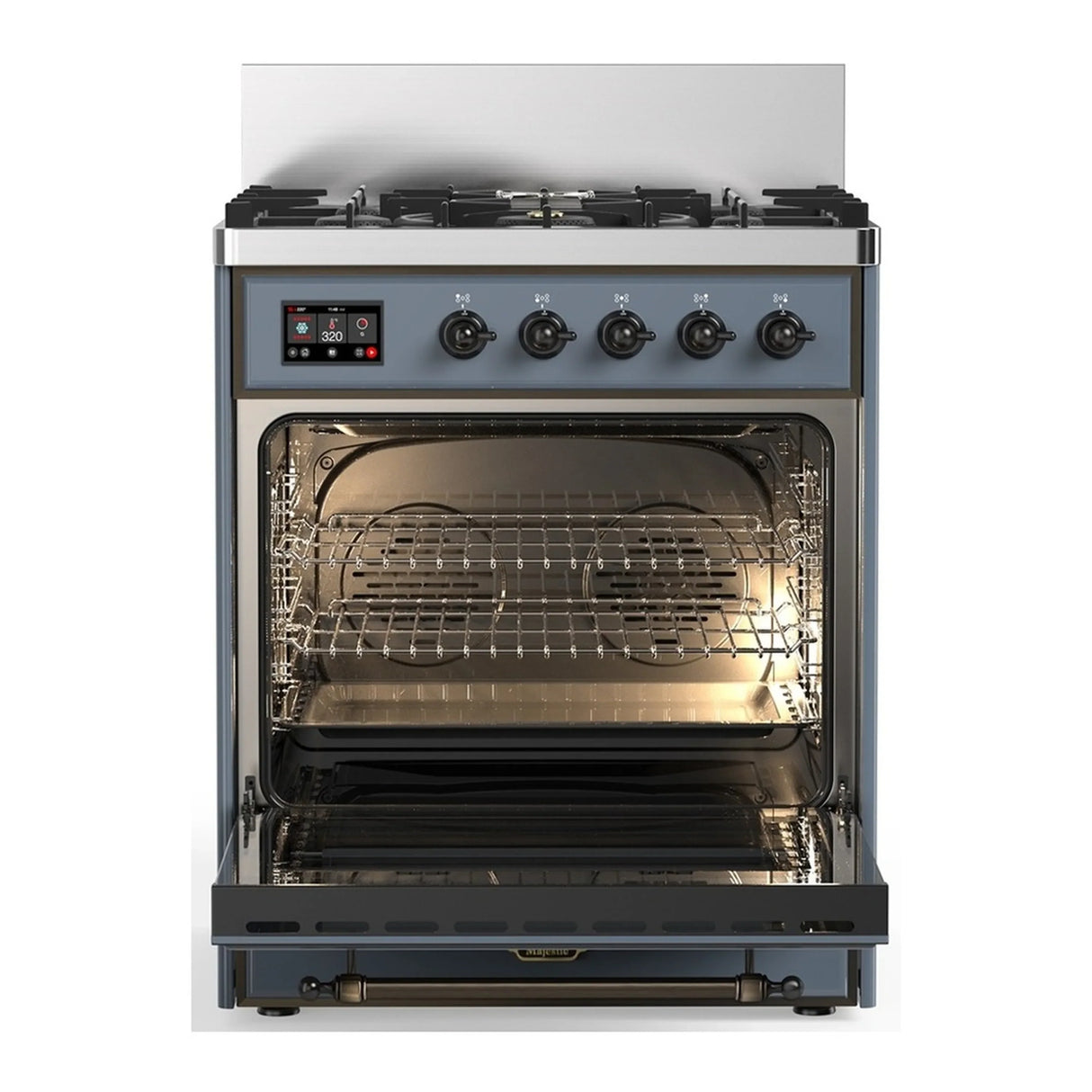 ILVE Majestic III 30-inch Dual Fuel Range with 5 Natural Gas Burner and Triple Glass Door Electric Oven in Blue Grey with Burnished Trim (UM30NR3BGB)