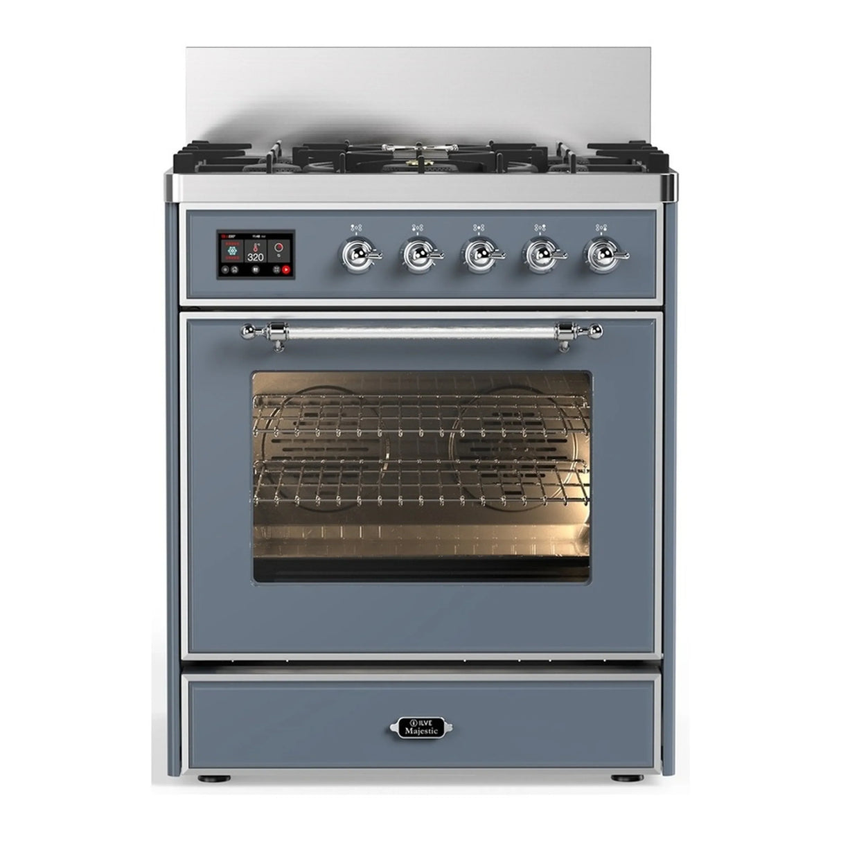ILVE Majestic III 30-inch Dual Fuel Range with 5 Natural Gas Burner and Triple Glass Door Electric Oven in Blue Grey with Chrome Trim (UM30NR3BGC)
