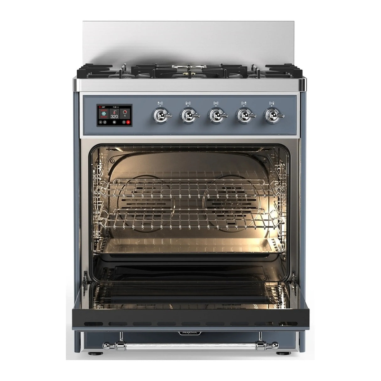ILVE Majestic III 30-inch Dual Fuel Range with 5 Natural Gas Burner and Triple Glass Door Electric Oven in Blue Grey with Chrome Trim (UM30NR3BGC)