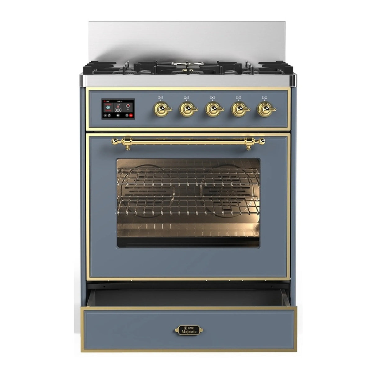 ILVE Majestic III 30-inch Dual Fuel Range with 5 Natural Gas Burner and Triple Glass Door Electric Oven in Blue Grey with Brass Trim (UM30NR3BGG)