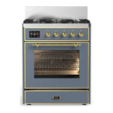 ILVE Majestic III 30-inch Dual Fuel Range with 5 Natural Gas Burner and Triple Glass Door Electric Oven in Blue Grey with Brass Trim (UM30NR3BGG)