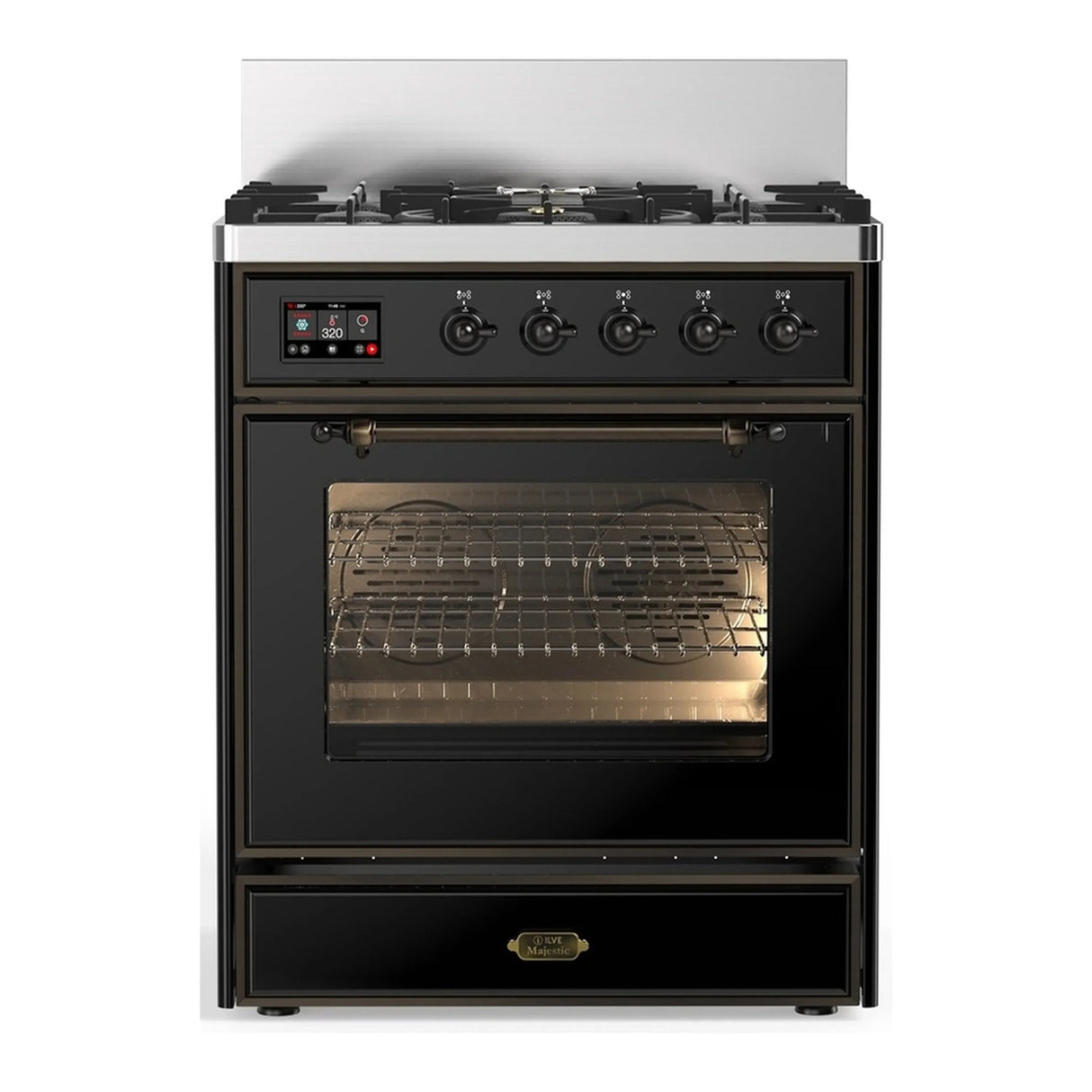 ILVE Majestic III 30-inch Dual Fuel Range with 5 Natural Gas Burner and Triple Glass Door Electric Oven in Glossy Black with Burnished Trim (UM30NR3BKB)