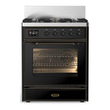 ILVE Majestic III 30-inch Dual Fuel Range with 5 Natural Gas Burner and Triple Glass Door Electric Oven in Glossy Black with Burnished Trim (UM30NR3BKB)