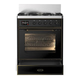 ILVE Majestic III 30-inch Dual Fuel Range with 5 Natural Gas Burner and Triple Glass Door Electric Oven in Glossy Black with Burnished Trim (UM30NR3BKB)