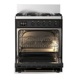 ILVE Majestic III 30-inch Dual Fuel Range with 5 Natural Gas Burner and Triple Glass Door Electric Oven in Glossy Black with Burnished Trim (UM30NR3BKB)