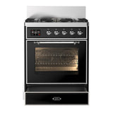 ILVE Majestic III 30-inch Dual Fuel Range with 5 Natural Gas Burner and Triple Glass Door Electric Oven in Glossy Black with Chrome Trim (UM30NR3BKC)