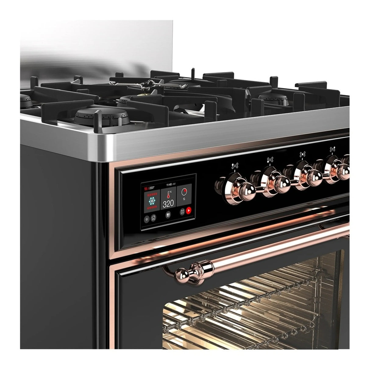ILVE Majestic III 30-inch Dual Fuel Range with 5 Natural Gas Burner and Triple Glass Door Electric Oven in Glossy Black with Copper Trim (UM30NR3BKP)