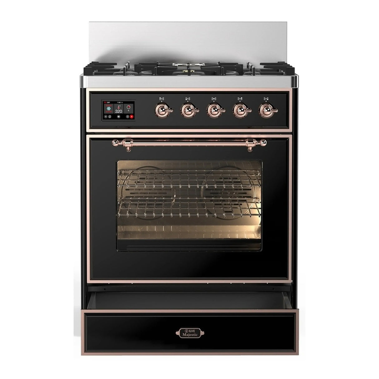 ILVE Majestic III 30-inch Dual Fuel Range with 5 Natural Gas Burner and Triple Glass Door Electric Oven in Glossy Black with Copper Trim (UM30NR3BKP)
