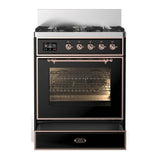 ILVE Majestic III 30-inch Dual Fuel Range with 5 Natural Gas Burner and Triple Glass Door Electric Oven in Glossy Black with Copper Trim (UM30NR3BKP)