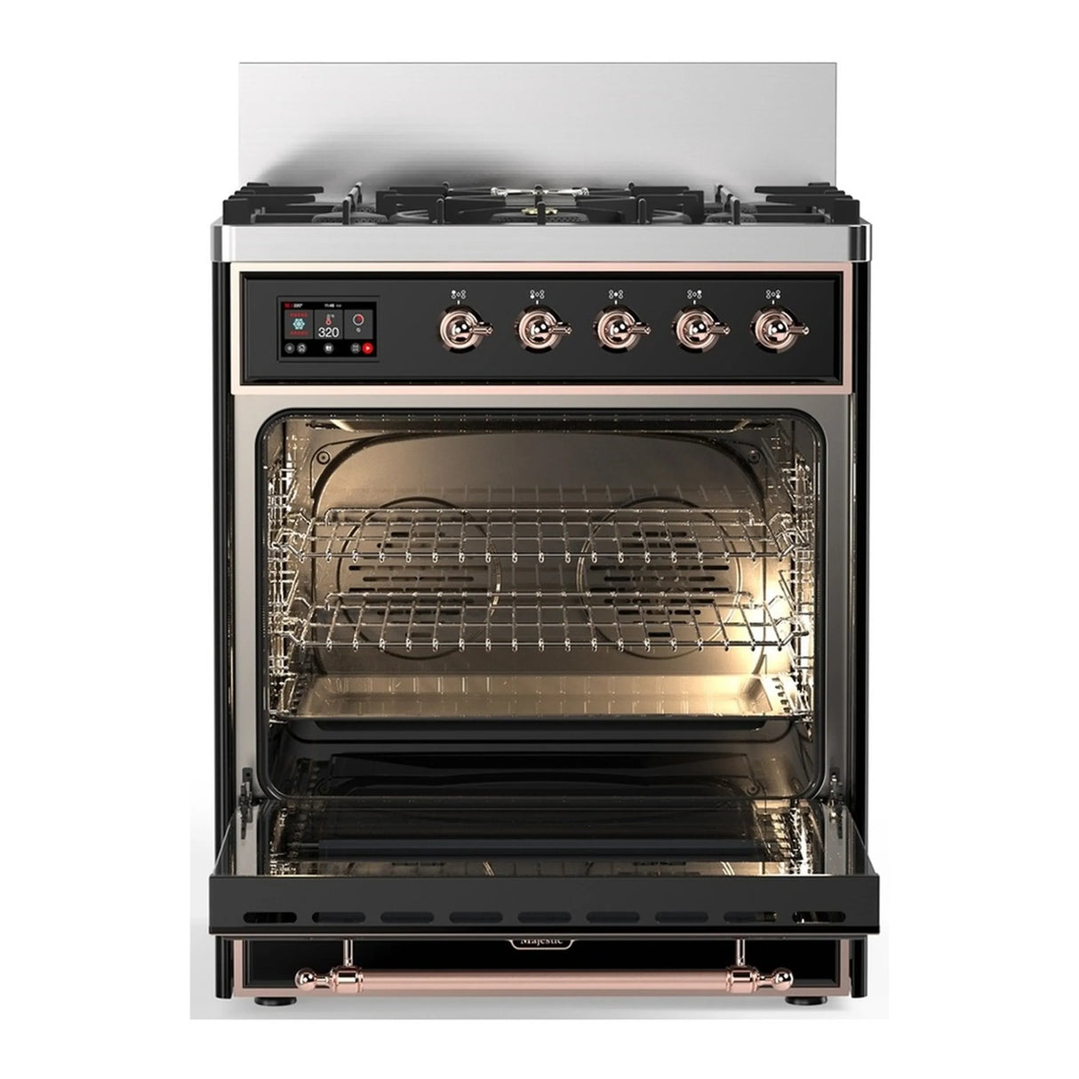 ILVE Majestic III 30-inch Dual Fuel Range with 5 Liquid Propane Burner and Triple Glass Door Electric Oven in Glossy Black with Copper Trim (UM30NR3BKPLP)