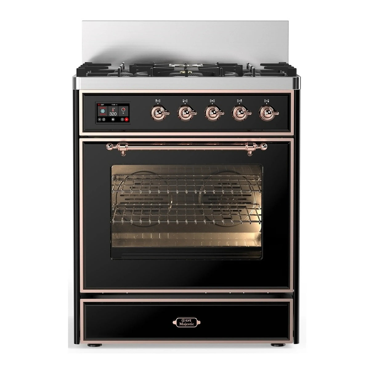 ILVE Majestic III 30-inch Dual Fuel Range with 5 Liquid Propane Burner and Triple Glass Door Electric Oven in Glossy Black with Copper Trim (UM30NR3BKPLP)