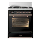 ILVE Majestic III 30-inch Dual Fuel Range with 5 Liquid Propane Burner and Triple Glass Door Electric Oven in Glossy Black with Copper Trim (UM30NR3BKPLP)