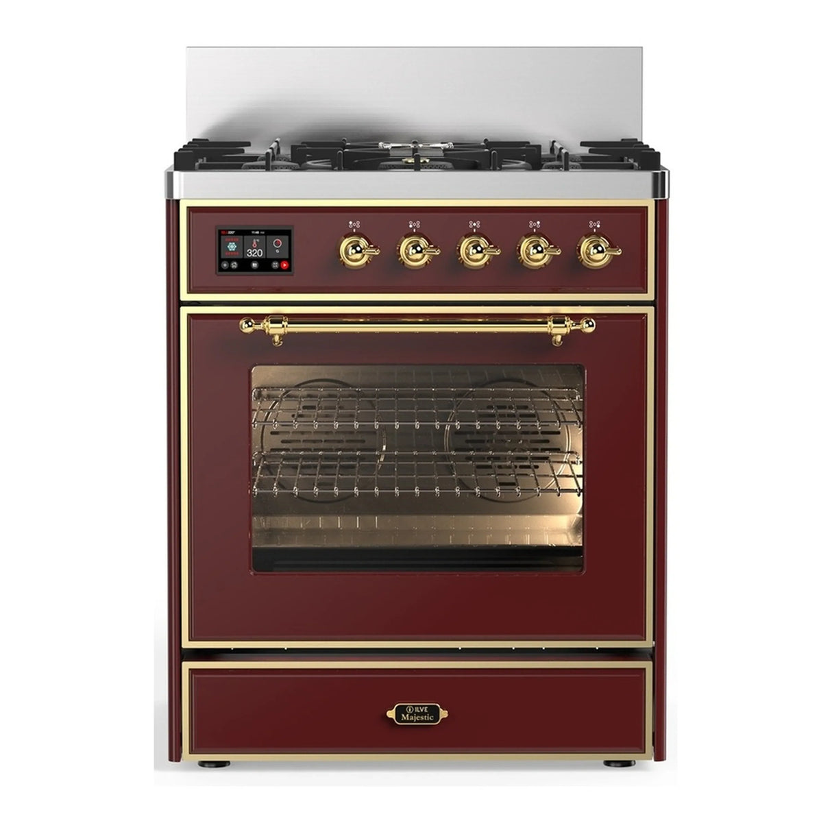 ILVE Majestic III 30-inch Dual Fuel Range with 5 Natural Gas Burner and Triple Glass Door Electric Oven in Burgundy with Brass Trim (UM30NR3BUG)