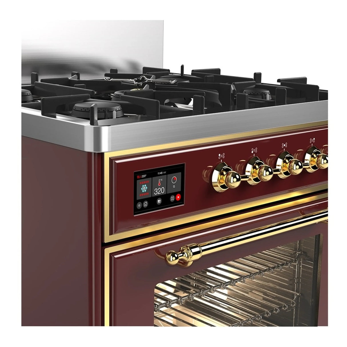 ILVE Majestic III 30-inch Dual Fuel Range with 5 Natural Gas Burner and Triple Glass Door Electric Oven in Burgundy with Brass Trim (UM30NR3BUG)