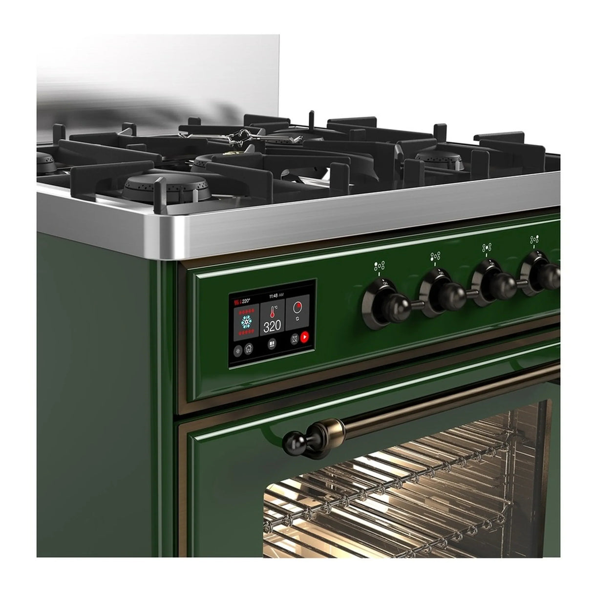 ILVE Majestic III 30-inch Dual Fuel Range with 5 Liquid Propane Burner and Triple Glass Door Electric Oven in Emerald Green with Burnished Trim (UM30NR3EGBLP)