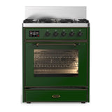 ILVE Majestic III 30-inch Dual Fuel Range with 5 Liquid Propane Burner and Triple Glass Door Electric Oven in Emerald Green with Burnished Trim (UM30NR3EGBLP)