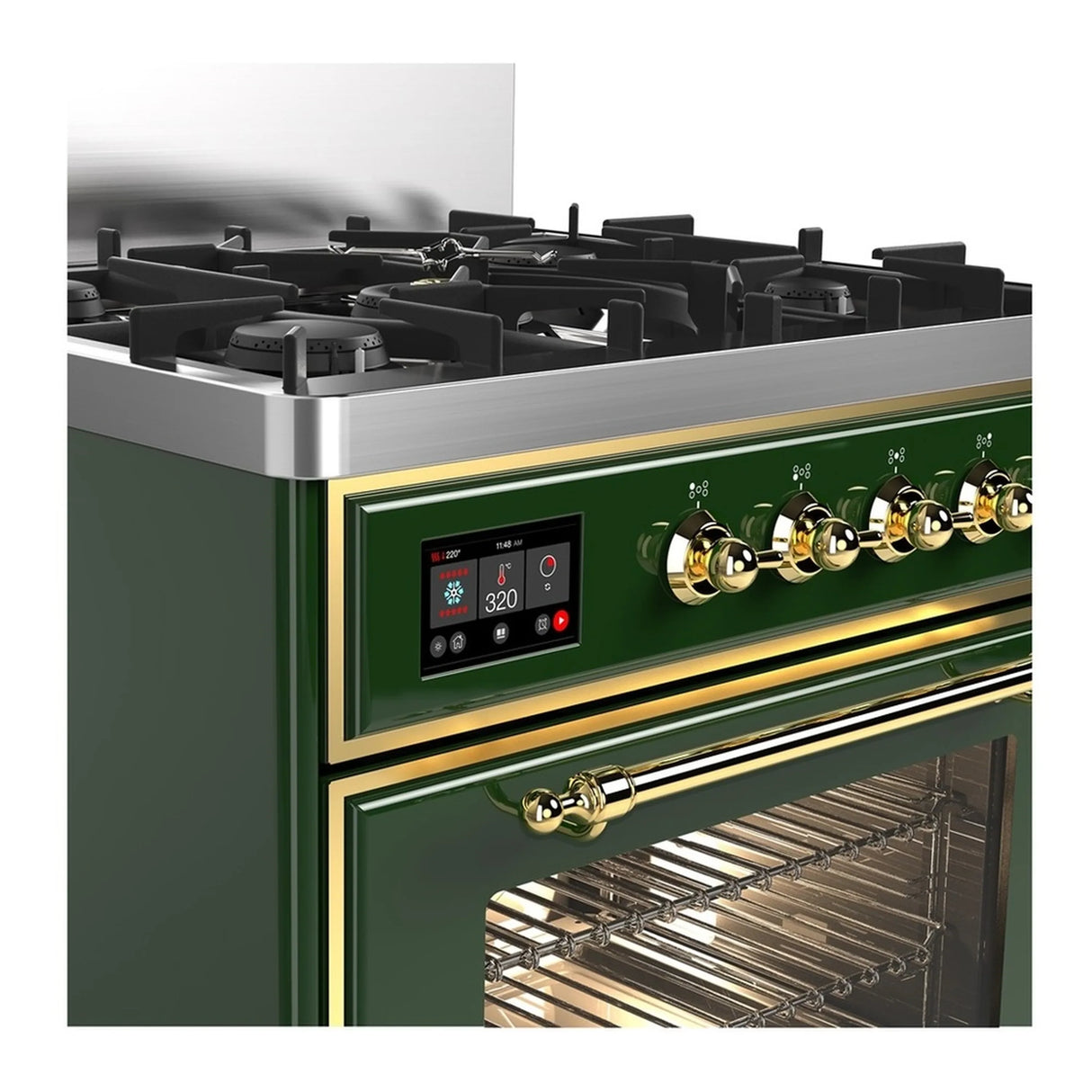 ILVE Majestic III 30-inch Dual Fuel Range with 5 Natural Gas Burner and Triple Glass Door Electric Oven in Emerald Green with Brass Trim (UM30NR3EGG)
