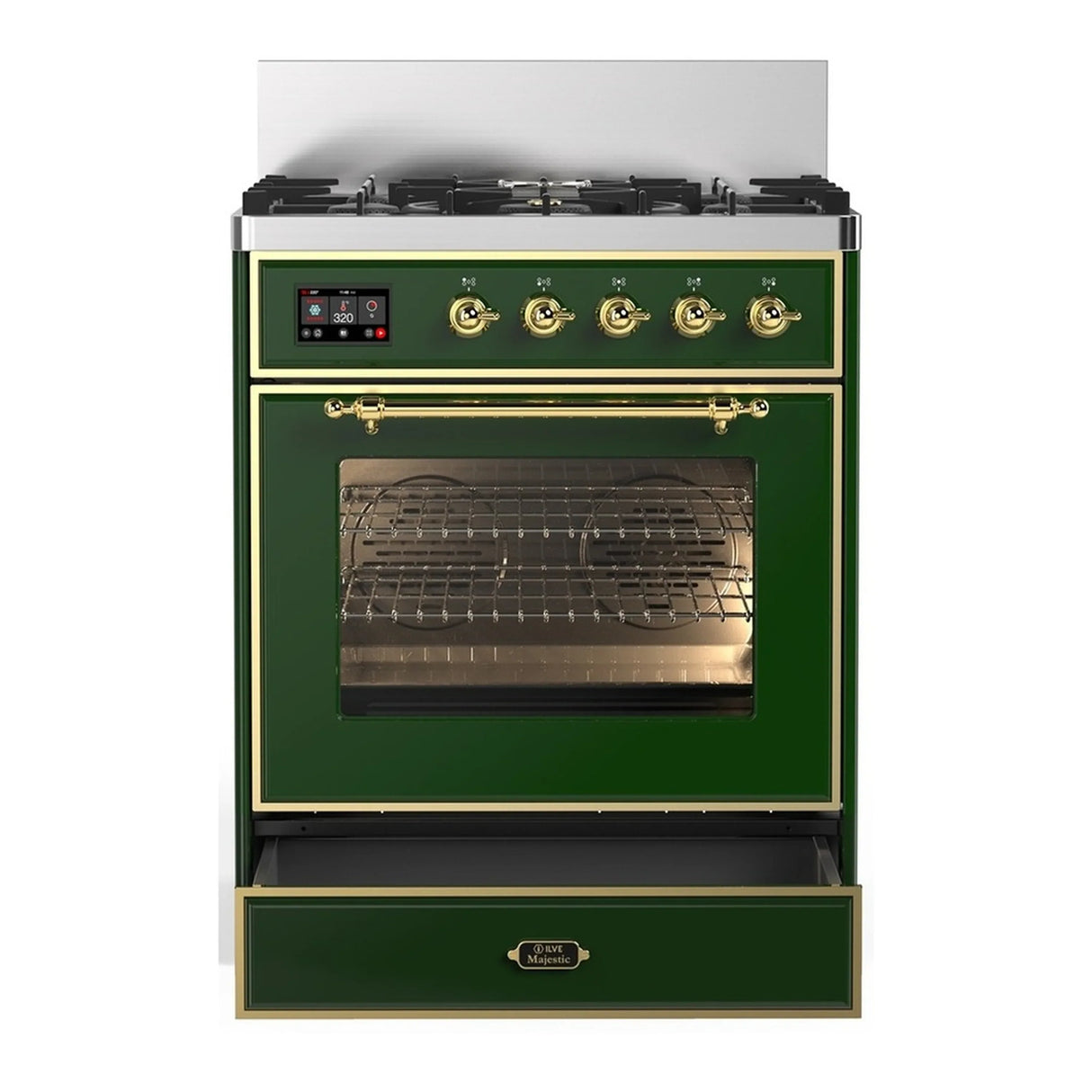 ILVE Majestic III 30-inch Dual Fuel Range with 5 Liquid Propane Burner and Triple Glass Door Electric Oven in Emerald Green with Brass Trim (UM30NR3EGGLP)
