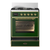 ILVE Majestic III 30-inch Dual Fuel Range with 5 Natural Gas Burner and Triple Glass Door Electric Oven in Emerald Green with Brass Trim (UM30NR3EGG)