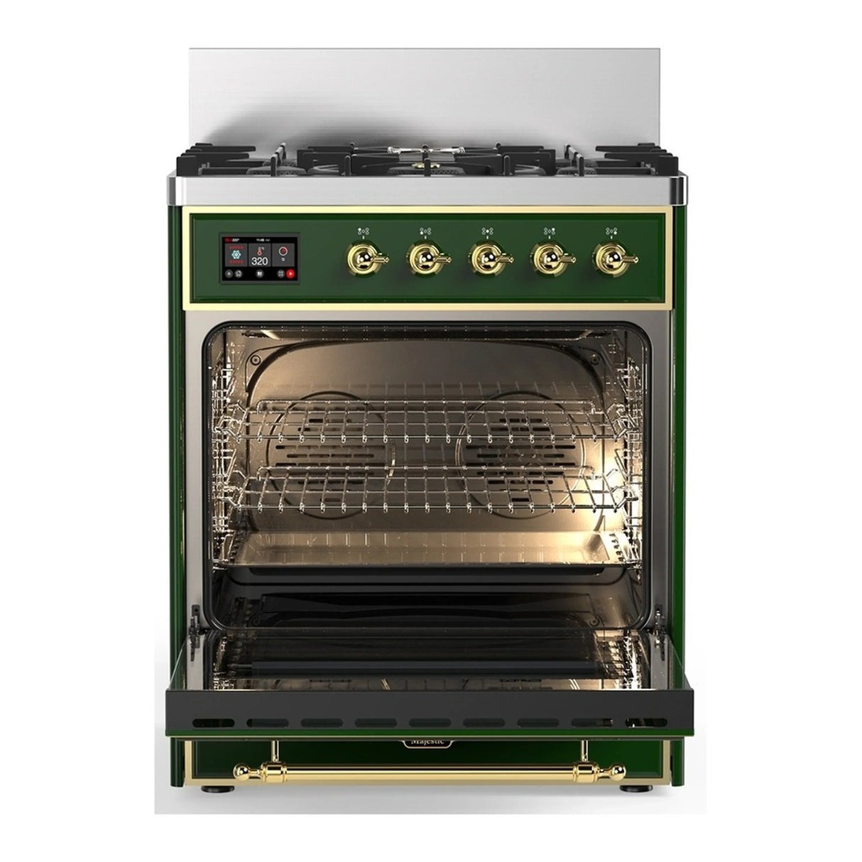 ILVE Majestic III 30-inch Dual Fuel Range with 5 Natural Gas Burner and Triple Glass Door Electric Oven in Emerald Green with Brass Trim (UM30NR3EGG)